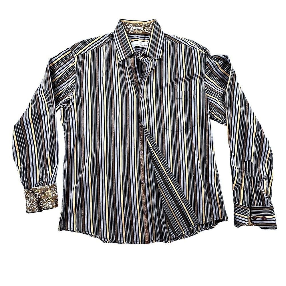 Bugatchi Uomo Shaped Fit Striped Button Down Shirt‎ Mens L/S Paisley Trim Cuffs